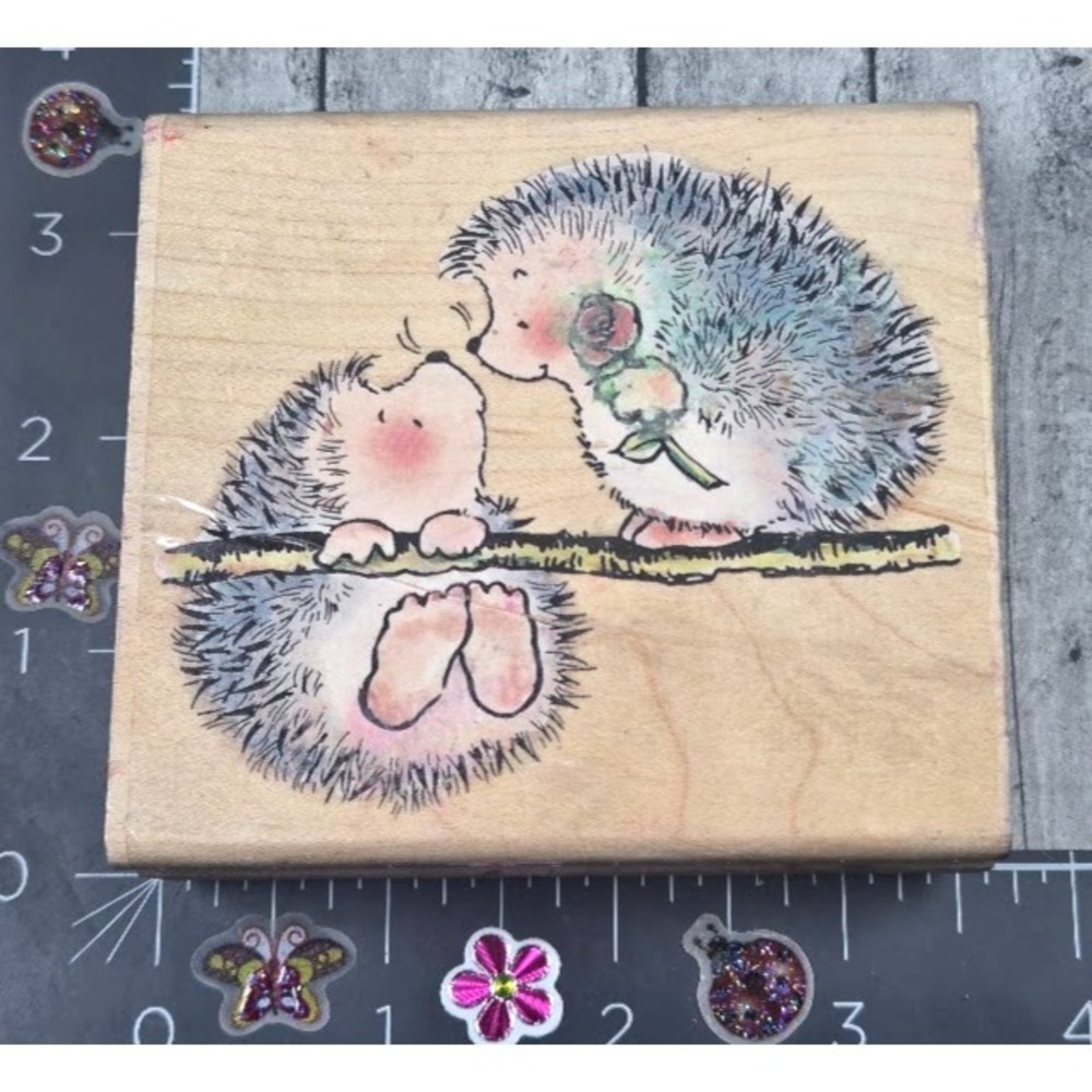 Penny Black So Glad To Catch You 1587K  Hedgehogs Rose Rubber Stamp Wood #K93